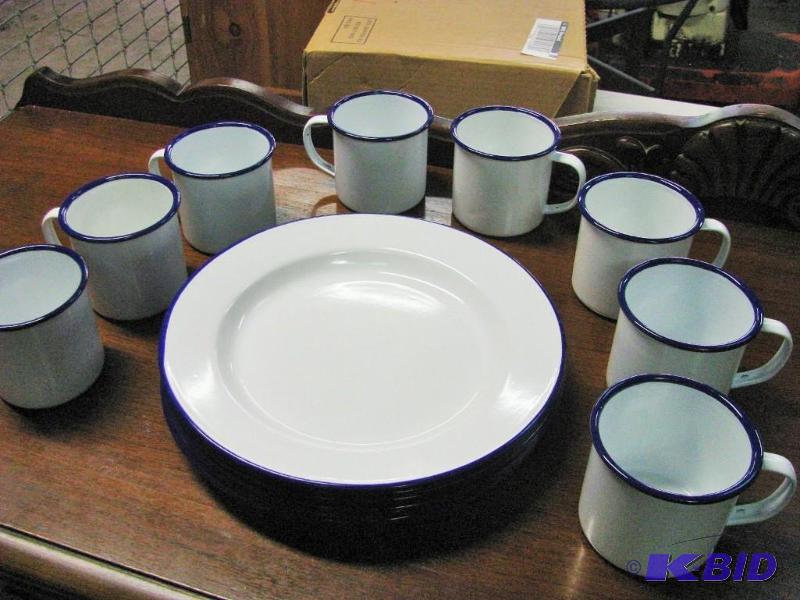 lot 118 image: Enamel Ware. 8 plates & 8 cups. White wit...