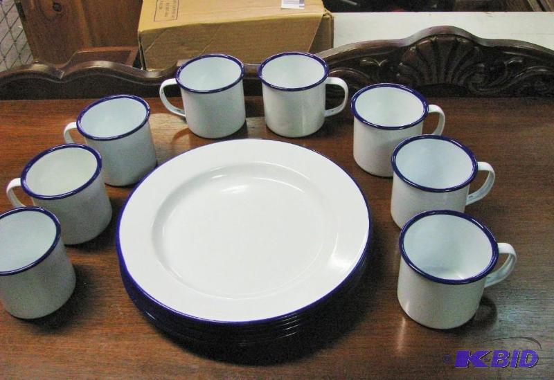lot 119 image: Enamel Ware. 8 plates & 8 cups. White wit...