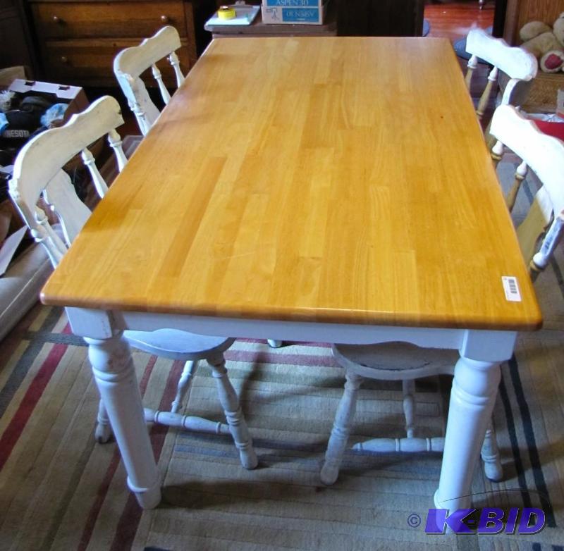 lot 12 image: Solid wood Kitchen Table with 4 vintage wood ...