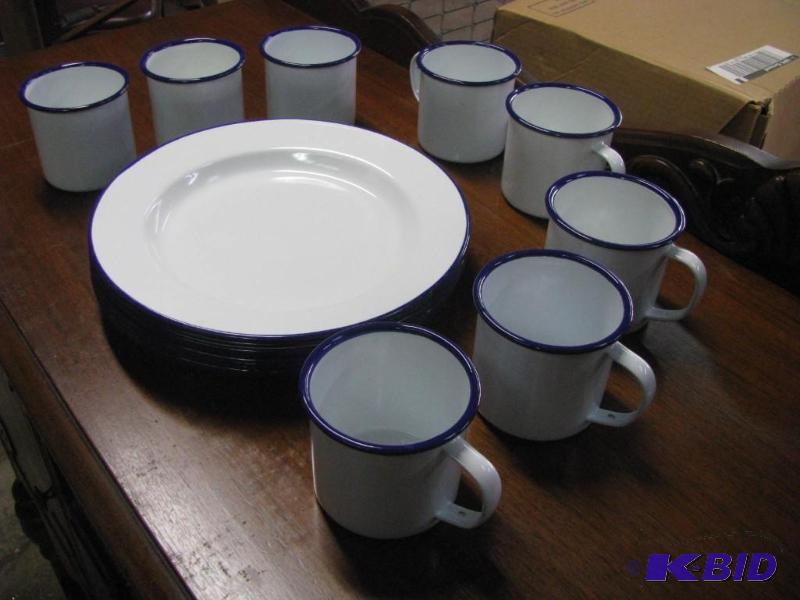 lot 120 image: Enamel Ware. 8 plates & 8 cups. White wit...