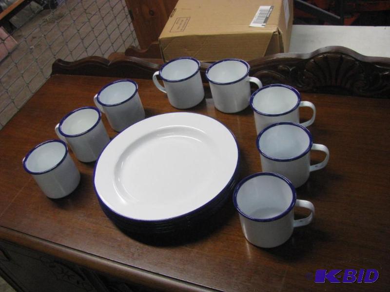 lot 121 image: Enamel Ware. 8 plates & 8 cups. White wit...