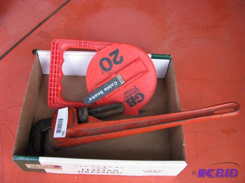 lot 161 image: Large Pipe Wrench and cable snake. Good condi...
