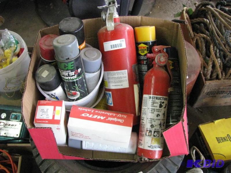 lot 170 image: Box of Spray paint and 2 fire extinguishers....