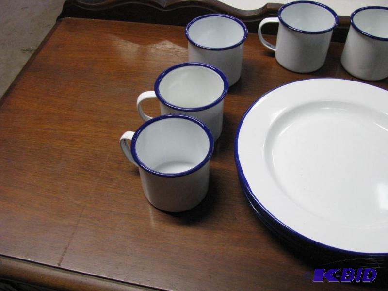 lot 220 image: Enamel Ware. 8 plates & 8 cups. White wit...