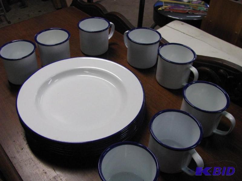 lot 221 image: Enamel Ware. 8 plates & 8 cups. White wit...