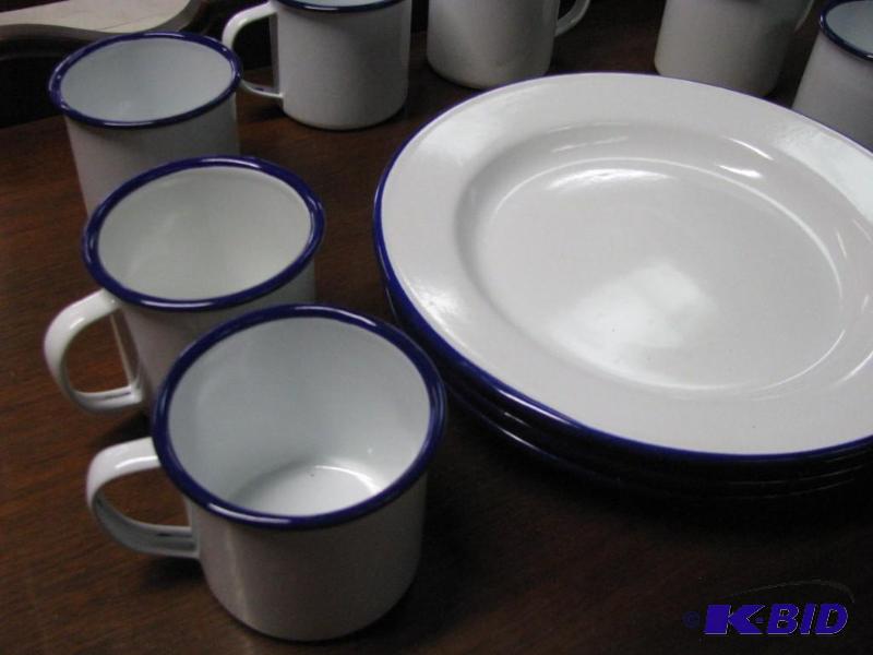 lot 222 image: Enamel Ware. 8 plates & 8 cups. White wit...
