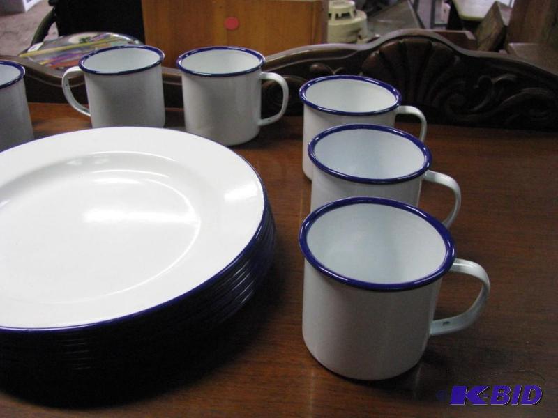 lot 223 image: Enamel Ware. 8 plates & 8 cups. White wit...