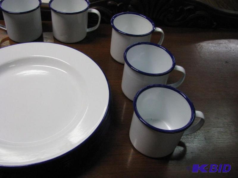 lot 224 image: Enamel Ware. 8 plates & 8 cups. White wit...