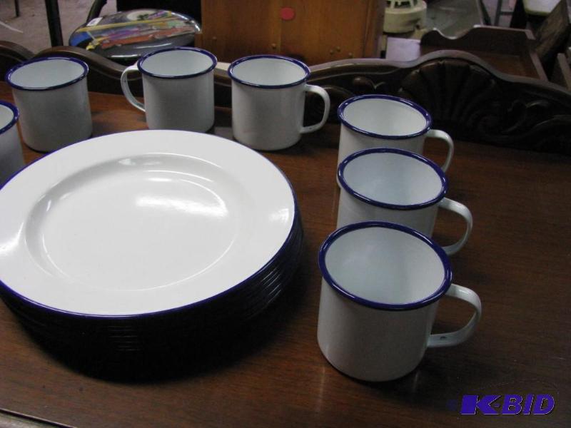 lot 225 image: Enamel Ware. 8 plates & 8 cups. White wit...
