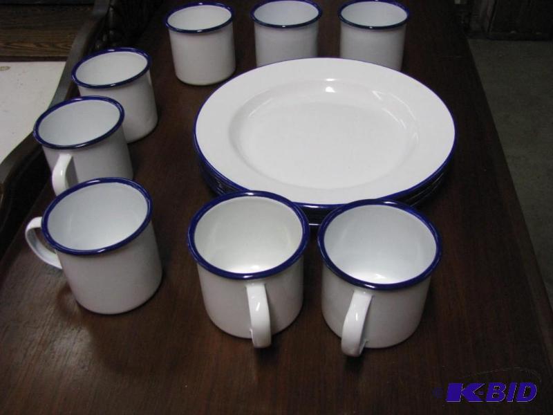 lot 226 image: Enamel Ware. 8 plates & 8 cups. White wit...