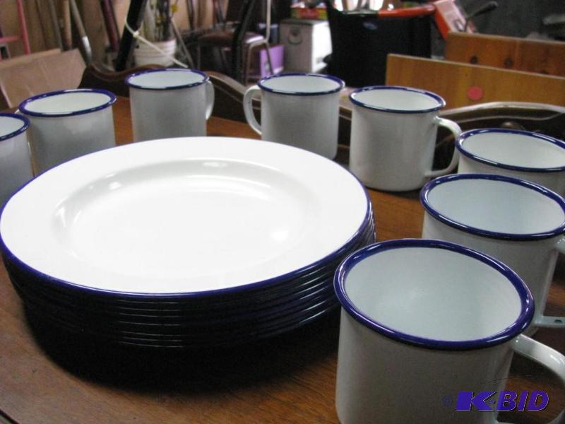 lot 227 image: Enamel Ware. 8 plates & 8 cups. White wit...