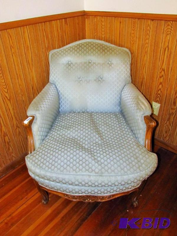 lot 23 image: Vintage Parlor Chair. Solid condition, wood f...
