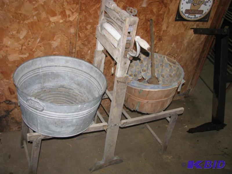 lot 230 image: Antique Anchor Brand cloths wringer on stand ...