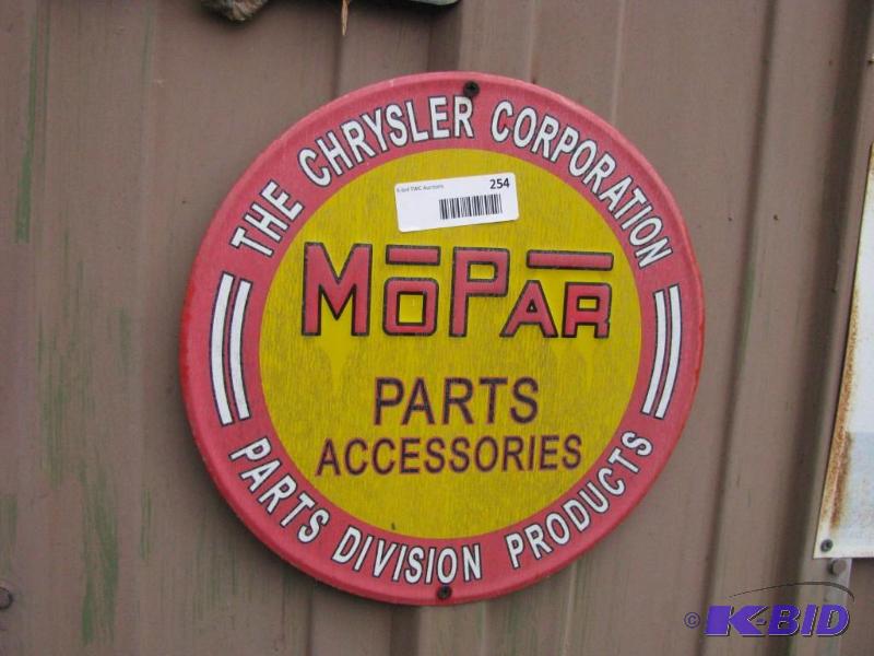 lot 254 image: Metal sign. Mopar parts accessories...