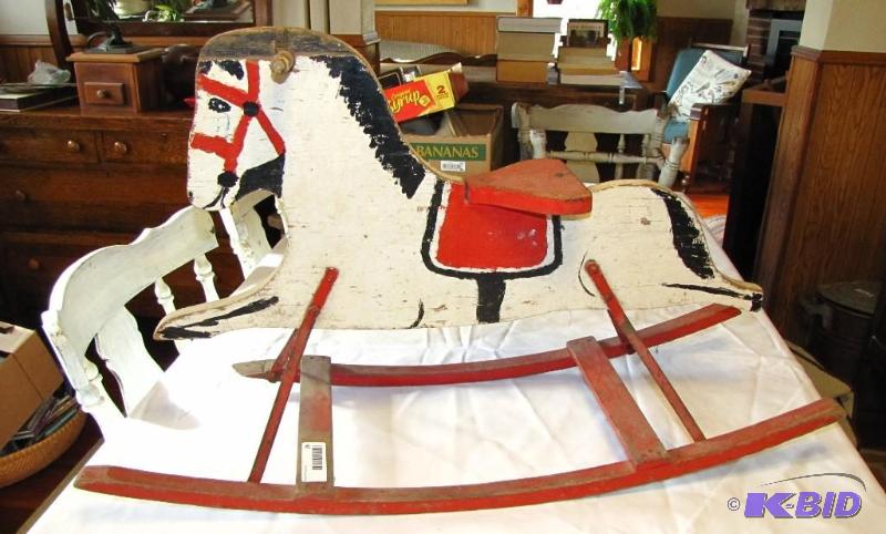 lot 26 image: Antique Folk Art Wood Rocking Horse. Unique a...