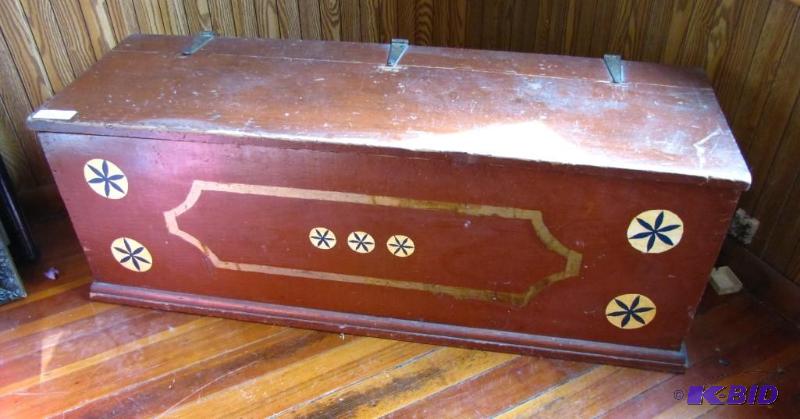 lot 27 image: Antique Folk Art Wood Storage Chest. Unique p...