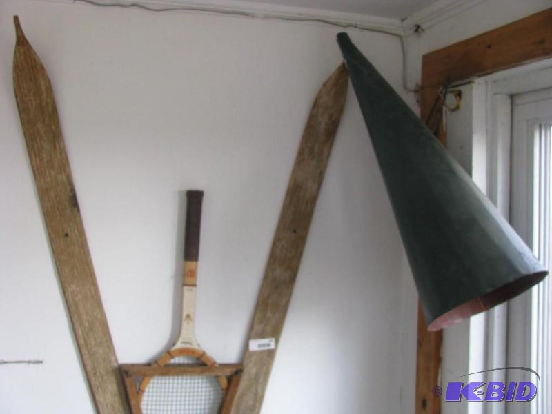 lot 304 image: antique sporting equipment wall art, skies, t...
