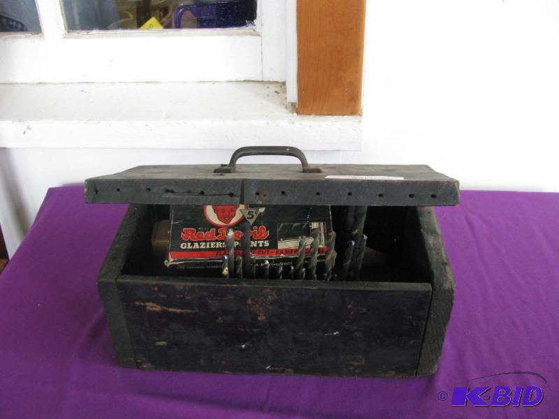 lot 309 image: vintage wooden toolbox with contents as pictu...