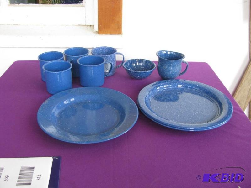 lot 311 image: blue enamelware with white specks, cups, plat...