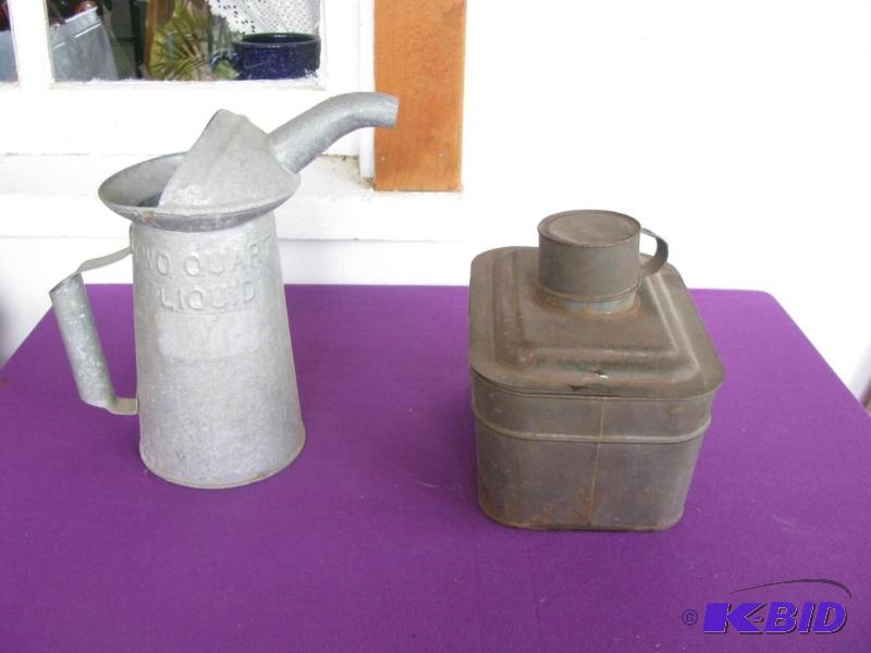 lot 315 image: two tin items, cllo two quart pitcher with sp...