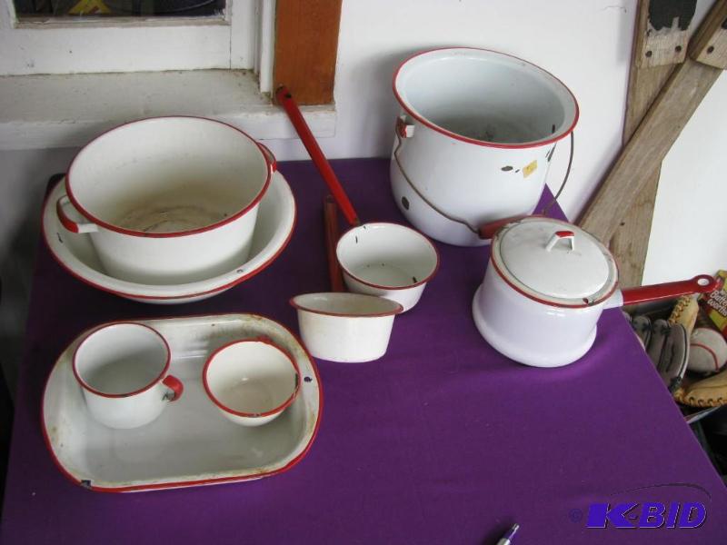lot 317 image: white red trimmed enamelware as pictured larg...