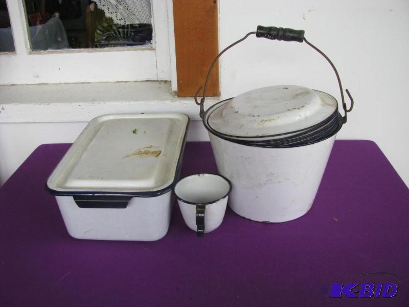 lot 318 image: white blue trimmed enamelware picnic set as p...