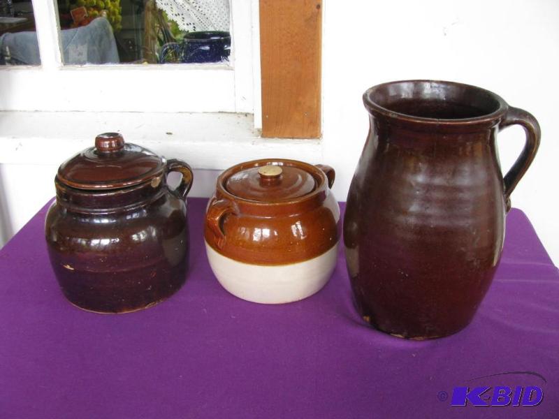 lot 321 image: two vintage bean crock pots with lids and one...