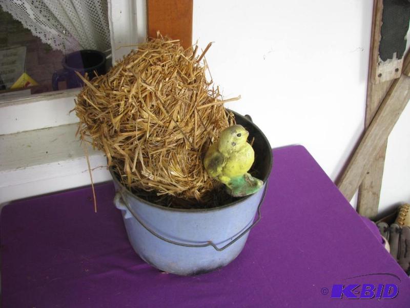 lot 333 image: cast iron pot with painted concrete chick and...