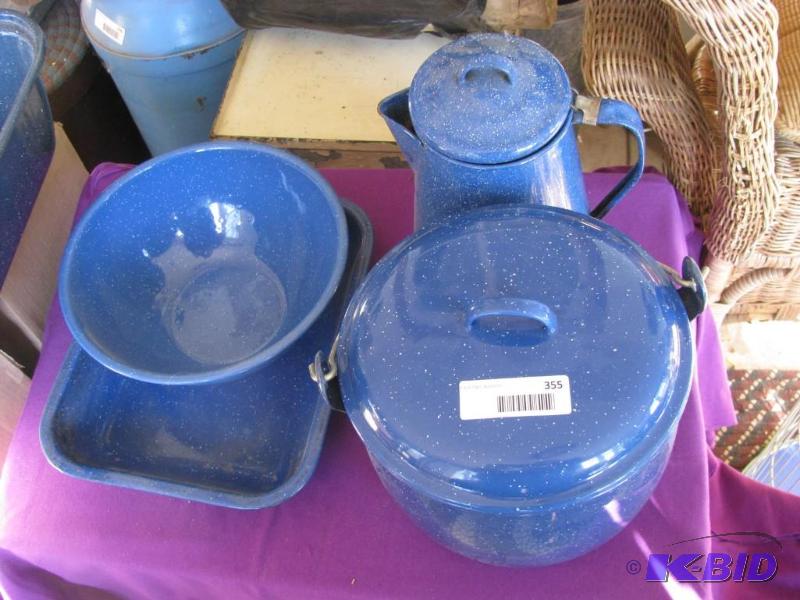 lot 355 image: blue enamelware with white specks, smaller co...