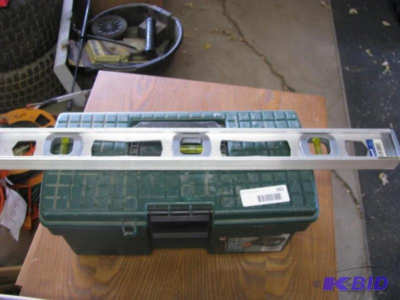 lot 361 image: tool box with level and rubber mallet...