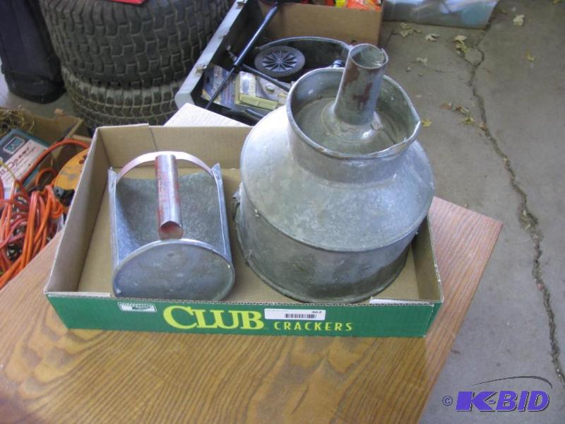 lot 362 image: tin items, a scoop and a funnel with screen b...