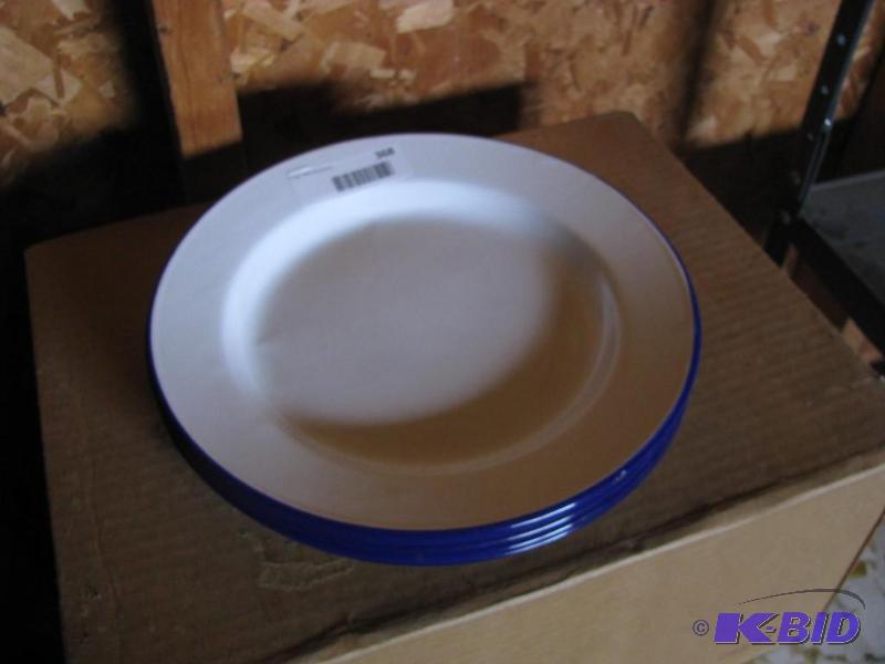 lot 368 image: stack of white enamelware plates with blue tr...