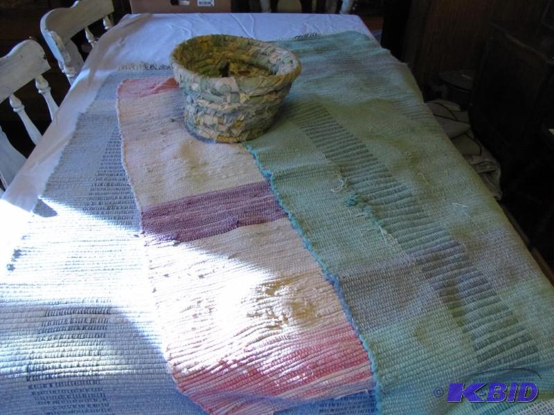 lot 37 image: 3 rag rugs and 1 rag basket. Good condition...