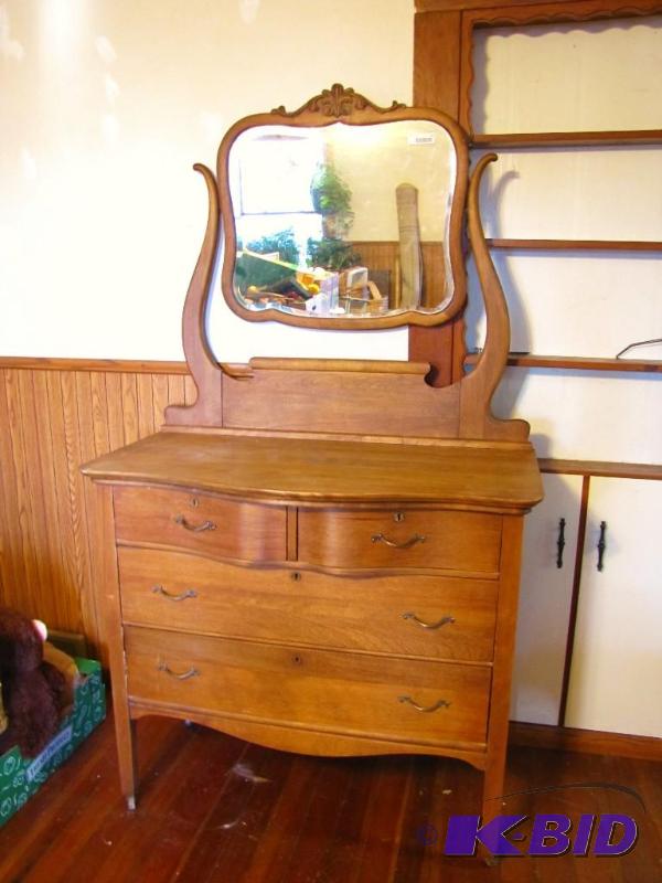 lot 42 image: Antique wood dresser & mirror. Very good ...