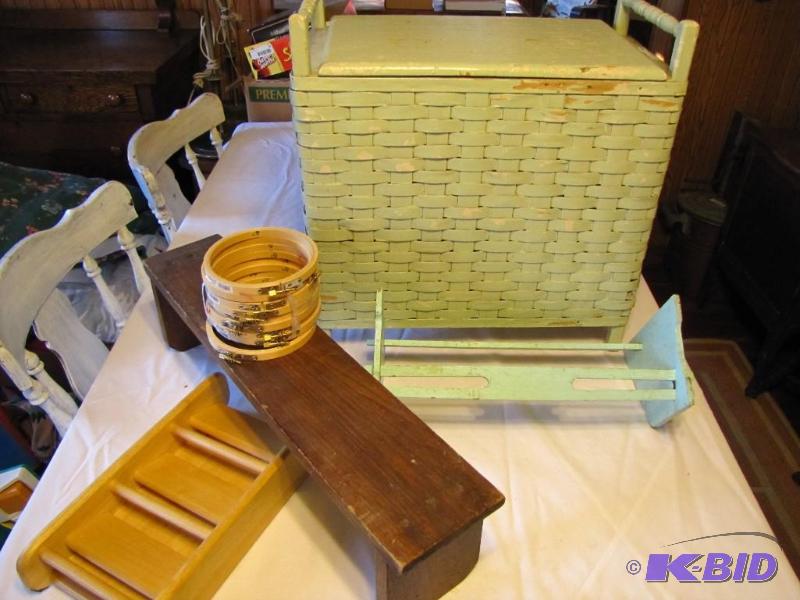 lot 452 image: vintage hamper, shelf, embroidery hoops...