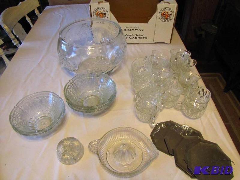 lot 455 image: Glass punch bowl with cups and other glass it...