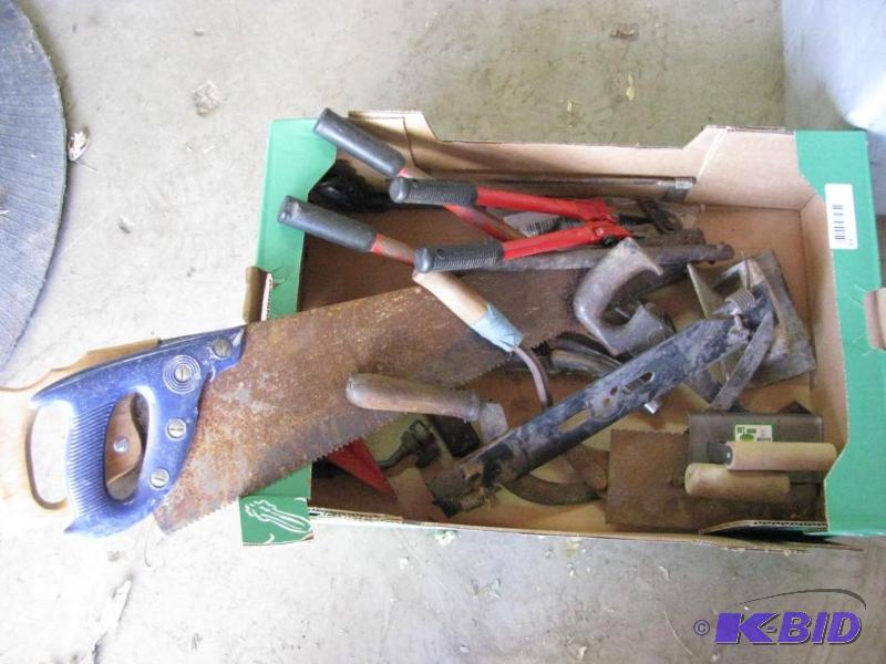 lot 61 image: Box of Tools, saw, 2 Bolt Cutters, Metal wedg...