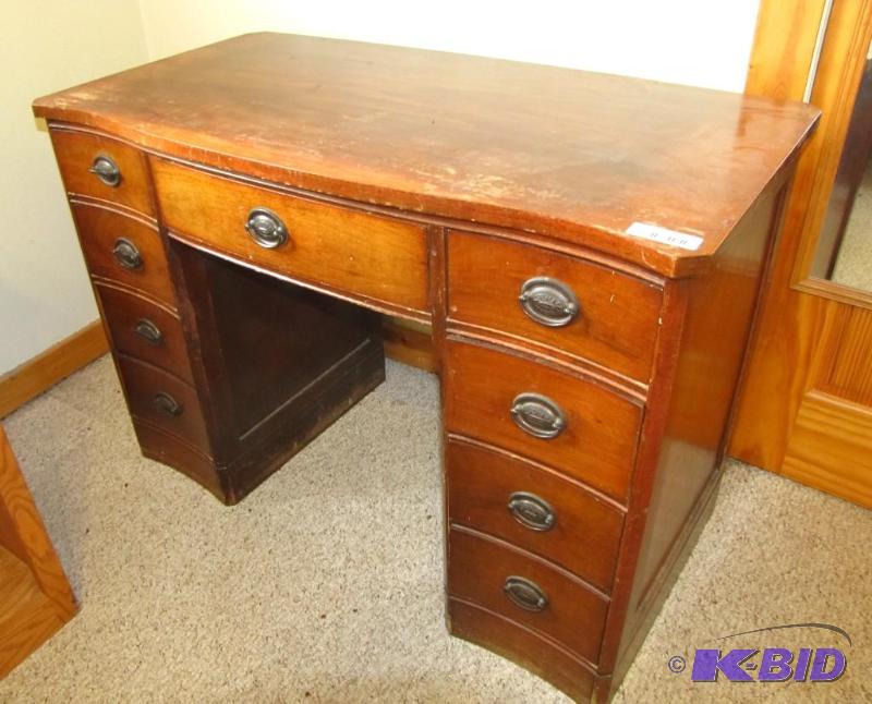 lot 7 image: Vintage Wood Desk. 9 drawer with original har...