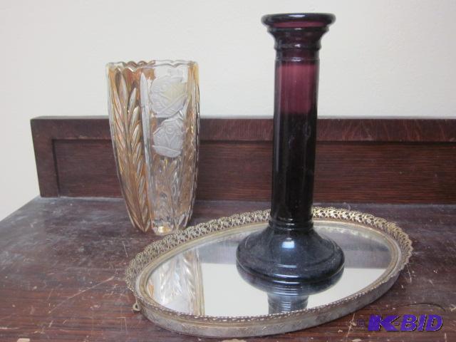 lot 116 image: Vintage mirrored tray, cut glass vase, and ca...
