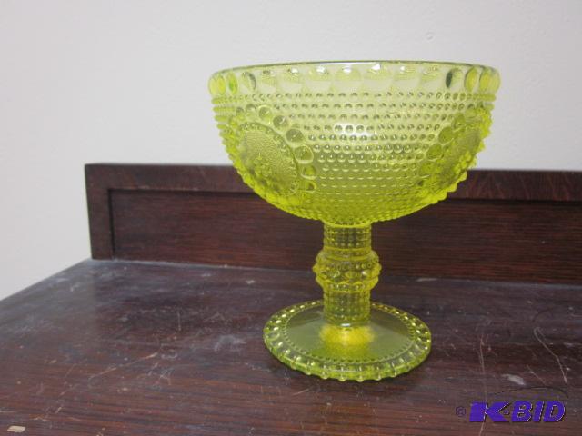 lot 15 image: 9 inch Vaseline glass hobnail compote. ...