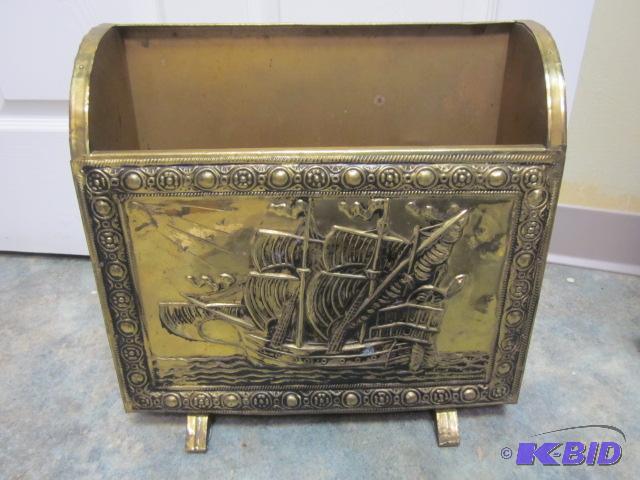 lot 21 image: Antique hammered brass and wood magazine hold...