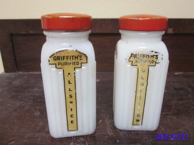lot 74 image: Pair of Griffiths milk glass spice jars. ...