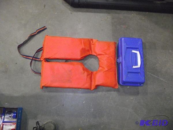 lot 119 image: Plastic Tackle box with one life jacket....
