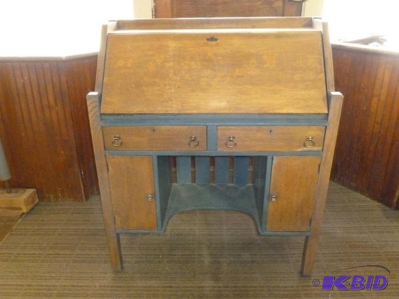 lot 3 image: Vintage solid wood drop front secretary desk ...