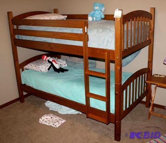 lot 7 image: Wood bunk beds with bedding 43x79&quot 63&qu...