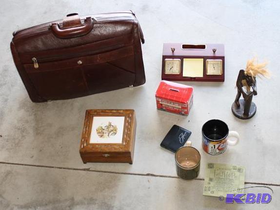 lot 91 image: Wilson Leather breif case Tin bank wooden jew...