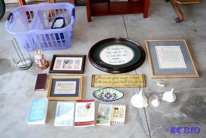 lot 99 image: Framed pictures plaques books needle point mo...