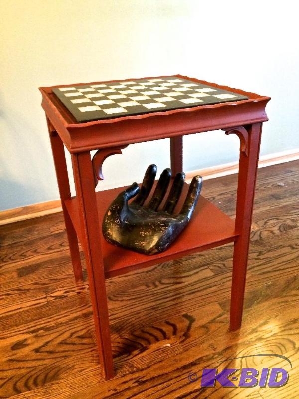 Painted red marble chess topped side table