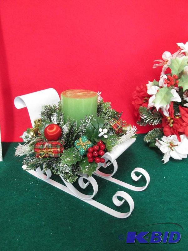 White Metal (Modern) Sleigh with a Wreath and Candle