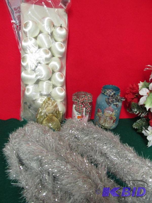 Ornaments, Silver Garland, Golden Angel, and 2 Candle Jars